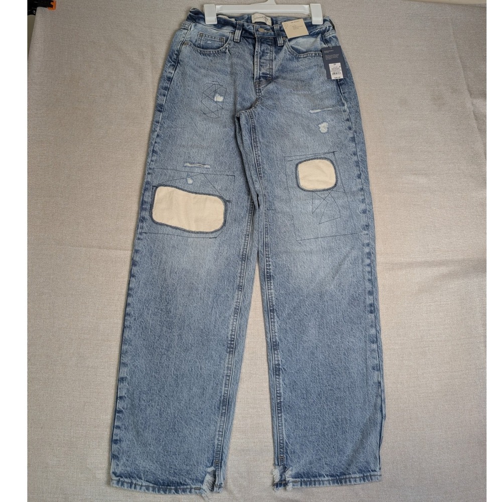 Universal Thread 90s Baggy Jeans Womens 2R Blue NWT Patchwork Distressed Frayed